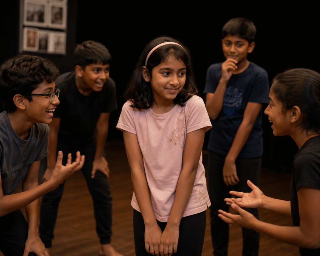 Shy child smiling during a group theatre activity while classmates encourage participation in an acting class at tellapur, hyderabad.
